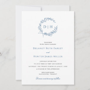 Convite Coroa Clássica de Monograma de Casamento Azul-Mari