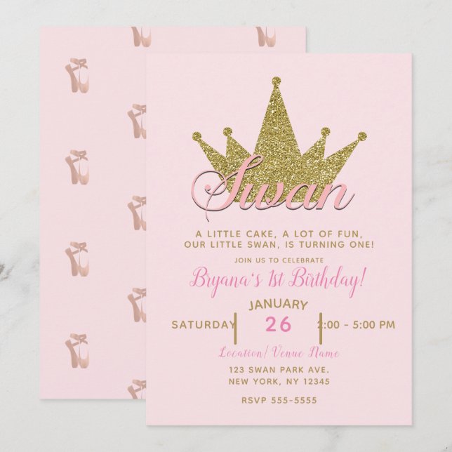 Convite Coroa de Aniversário Brilho Rosa e Dourado Princes (Frente/Verso)