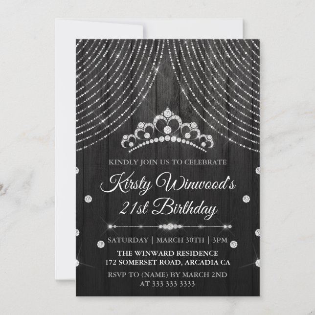 Convite Coroa de Aniversário de Diamante Preto Prata (Frente)