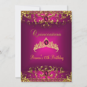 Convite Coroa de Aniversário Rosa Quinceanera Dourada Joia