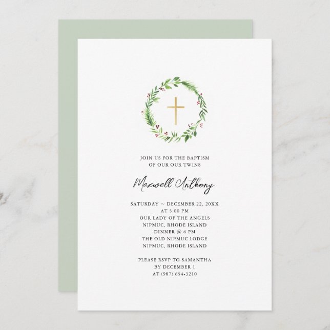 Convite Coroa de Aquarela e Cruz Dourada Batismo (Frente/Verso)