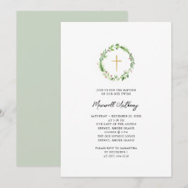 Convite Coroa de Aquarela e Cruz Dourada Batismo