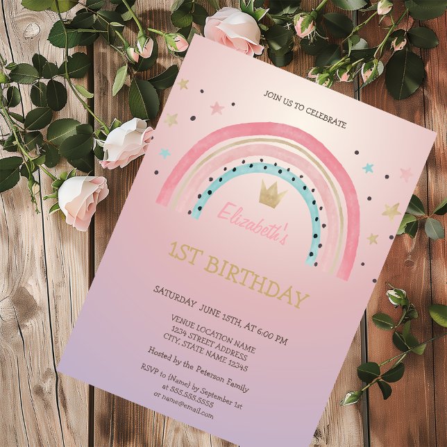 Convite Coroa de Arco-Íris Aquarela Brilho Aniversário (Criador carregado)