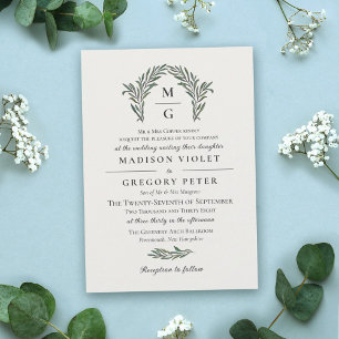 Convite Coroa de Arquitetura Verde Branco Casamento Monogr