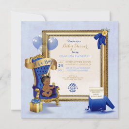 Convite Coroa de Bebê Étnico Pequeno Príncipe Dourado Azul
