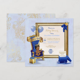 Convite Coroa de Bebê Étnico Pequeno Príncipe Dourado Azul
