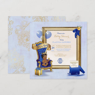 Convite Coroa de Bebê Étnico Pequeno Príncipe Dourado Azul