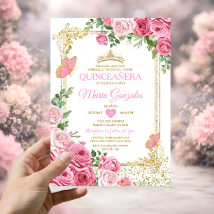 Convite Coroa de Borboleta de Ouro Rosa Quinceañera 15 Ano