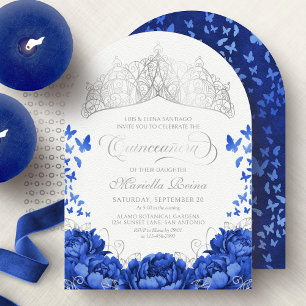 Convite Coroa de Borboletas Azul Real Elegante Quinceanera