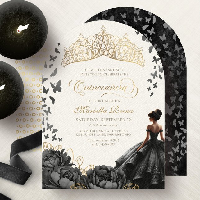 Convite Coroa de Borboletas Florais de Ouro Preto Quincean (Criador carregado)