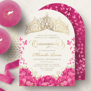 Convite Coroa de Borboletas Rosa Quente Elegante Quinceane