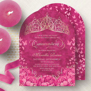 Convite Coroa de Borboletas Rosa Quente Elegante Quinceane