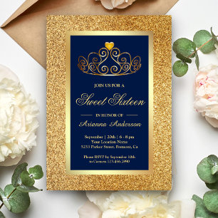 Convite Coroa de Brilho Dourada Princesa Azul Sweet Sixtee