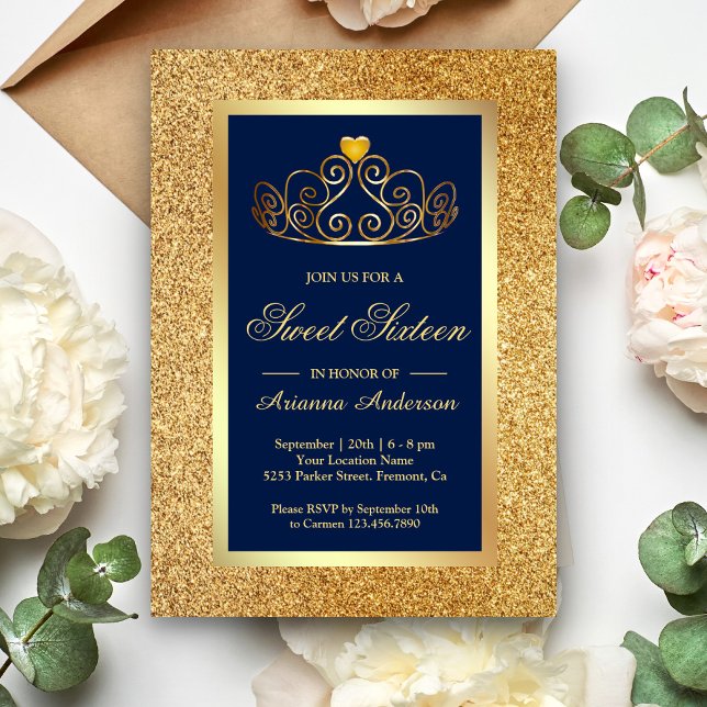 Convite Coroa de Brilho Dourada Princesa Azul Sweet Sixtee (Criador carregado)