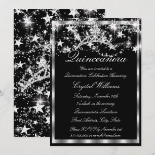 Convite Coroa de Brilho Prata Preto Estrelas Quinceanera