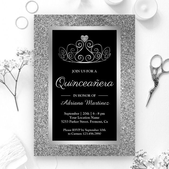 Convite Coroa de Brilho Prata Princesa Preto Quinceanera (Criador carregado)