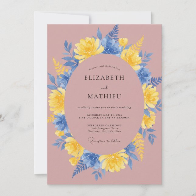 Convite Coroa de Casamento Amarelo Centáurea Malva (Frente)