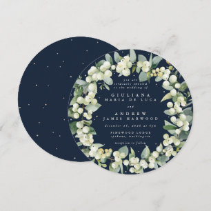 Convite Coroa de casamento azul-marinho redonda com snowbe