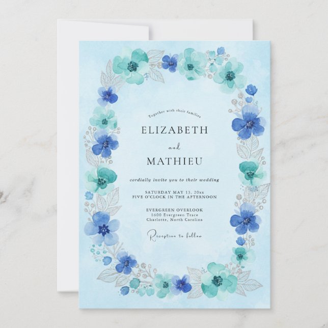 Convite Coroa de Casamento Azure Aqua (Frente)