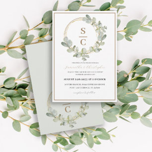 Convite Coroa de casamento Boho Eucalipto Verde e Dourado