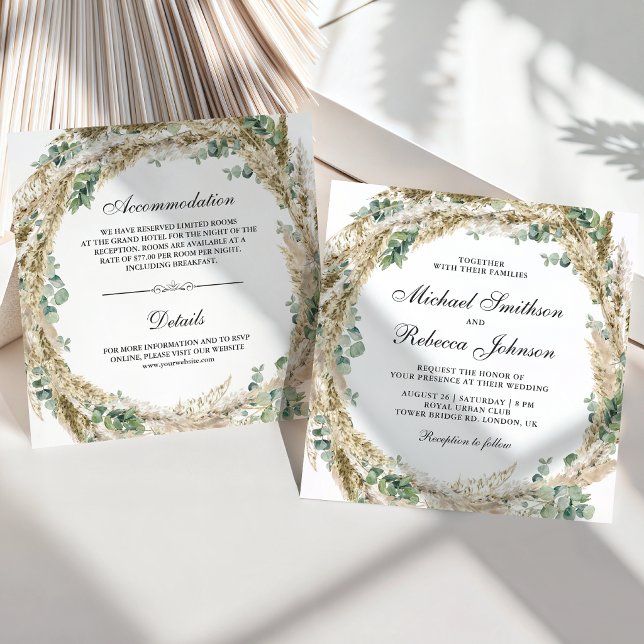 Convite Coroa de casamento Boho Pampas Eucalipto Tudo em U (Criador carregado)