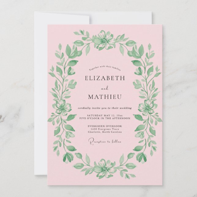 Convite Coroa de Casamento com Folhagem Rosa (Frente)