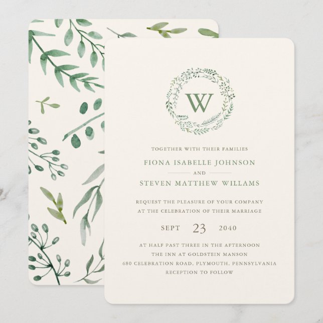 Convite Coroa de casamento com greenery em aquarela elegan (Frente/Verso)