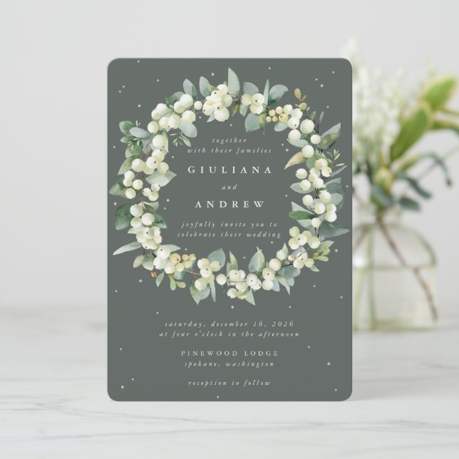 Convite Coroa de casamento de Gray Green Snowberry + Eucal (Em pé/Frente)