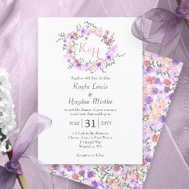 Convite Coroa de Casamento de Lilás e Rosa Pêssego