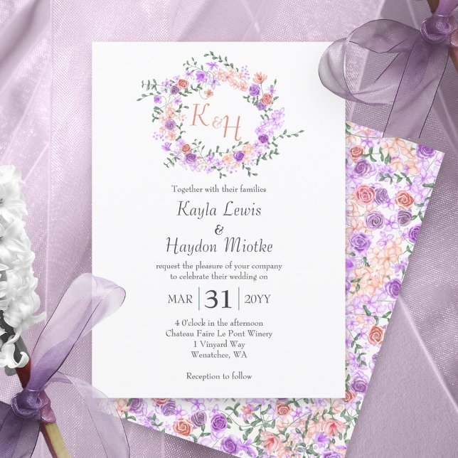 Convite Coroa de Casamento de Lilás e Rosa Pêssego (Lilac purple and peach rose wreath, botanical rose garden wedding invitations, round roses vine)