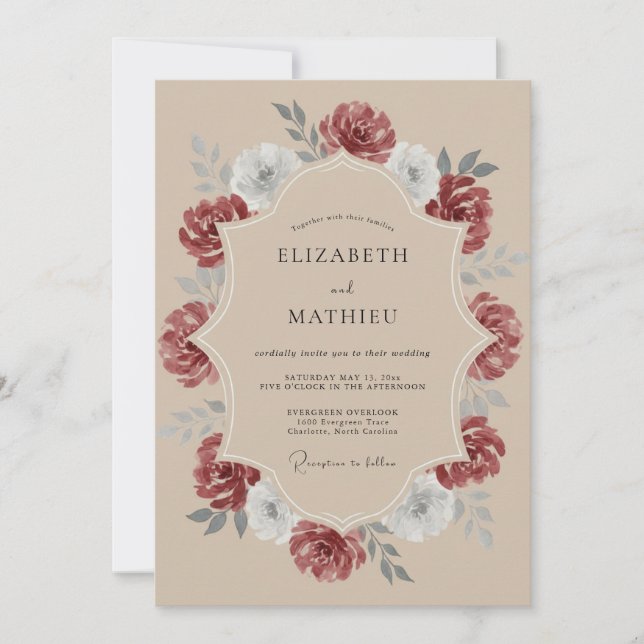Convite Coroa de Casamento de Marfim Carmesim (Frente)