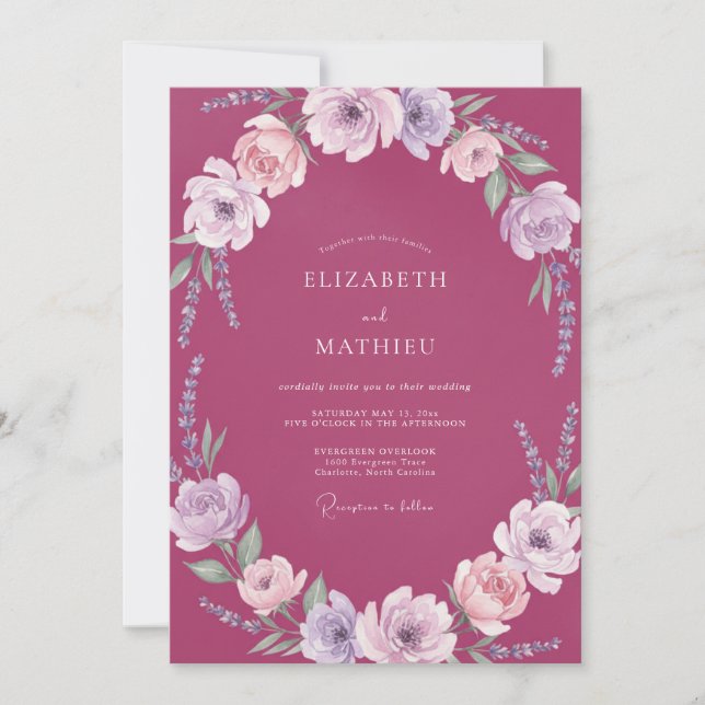 Convite Coroa de Casamento de Ranunculus Magenta (Frente)