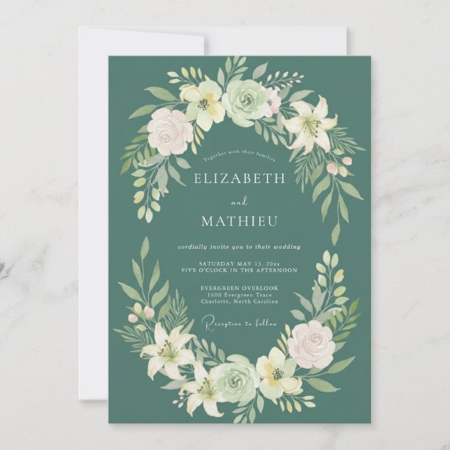 Convite Coroa de Casamento em Azul Teal Profundo (Frente)