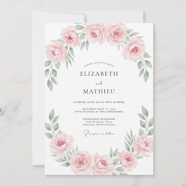 Convite Coroa de casamento em rosa suave empoeirado (Frente)
