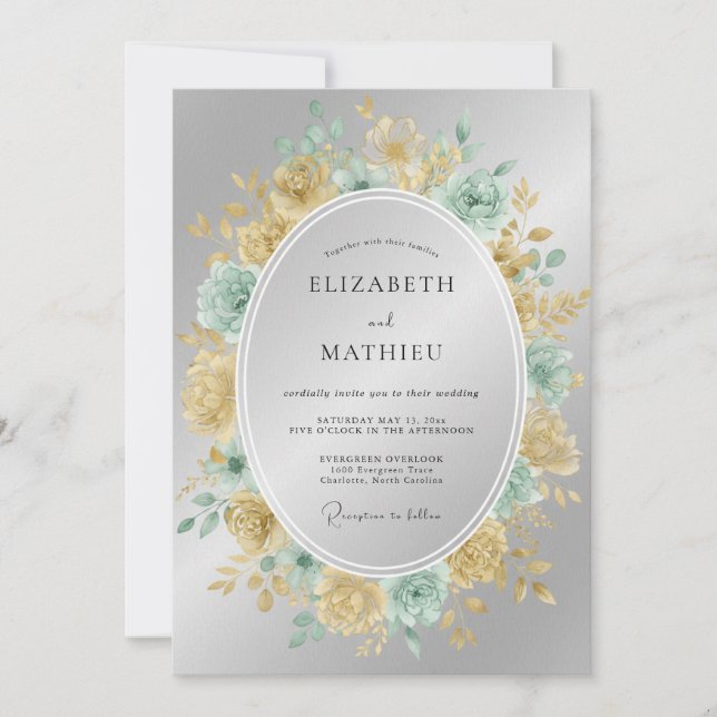 Convite Coroa de Casamento em Teal e Champanhe (Frente)