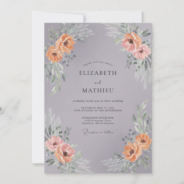 Convite Coroa de Casamento Floral de Pêssego Cinza (Frente)