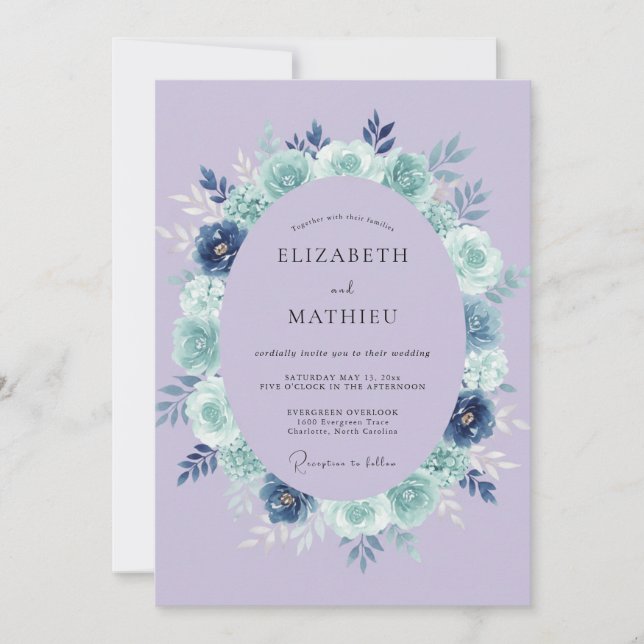 Convite Coroa de Casamento Floral Lavanda Azul (Frente)