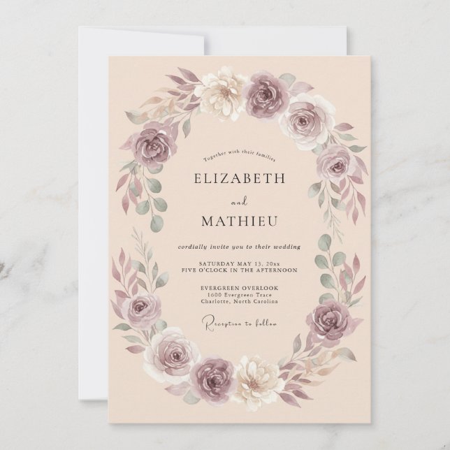 Convite Coroa de Casamento Floral Malva (Frente)