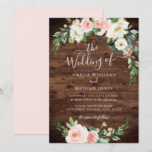 Convite Coroa de casamento floral rústica em rosa dourado