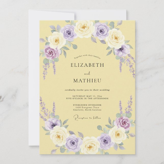 Convite Coroa de Casamento Lilás Amarelo Manteiga (Frente)