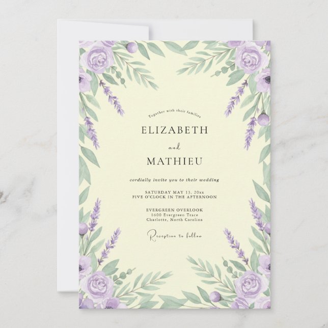 Convite Coroa de Casamento Lilás Lavanda (Frente)