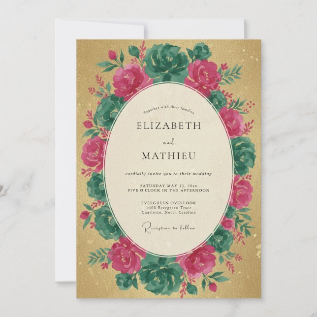 Convite Coroa de Casamento Magenta Verde-água (Frente)