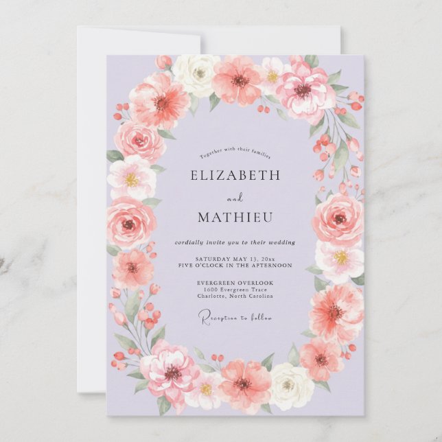 Convite Coroa de Casamento Oval Floral Rosa (Frente)