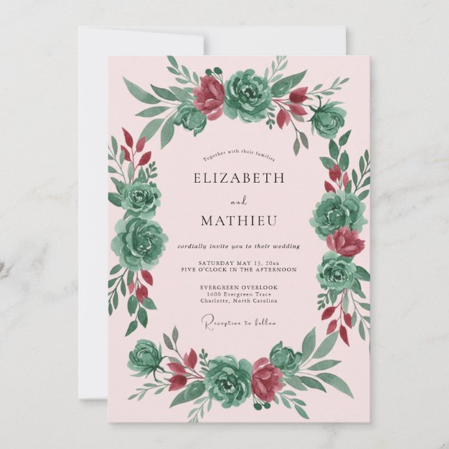 Convite Coroa de casamento rosa moderno em verde-azulado (Frente)