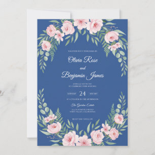 Convite Coroa de Casamento Rosa Pétala Azul