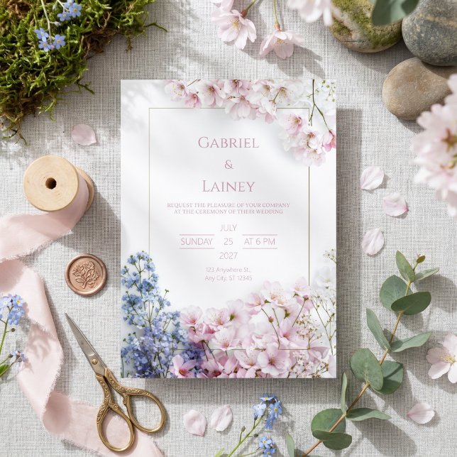Convite Coroa de casamento Rosa Sakura Folha Azul Esverdea (Criador carregado)