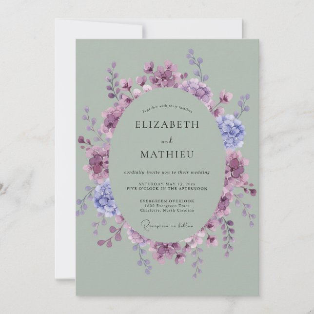 Convite Coroa de Casamento Roxo Lavanda e Periwinkle (Frente)