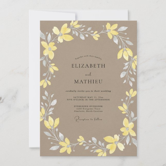 Convite Coroa de Casamento Taupe Amarelo (Frente)