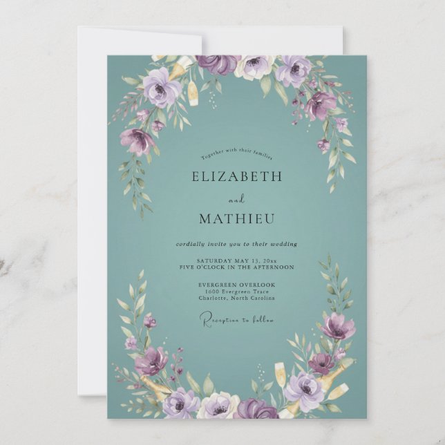 Convite Coroa de Casamento Violeta Água Suave (Frente)