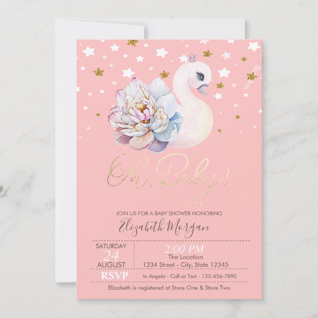 Convite Coroa de Cisne Bebê Floral Estrelas Chá de Bebê (Frente)